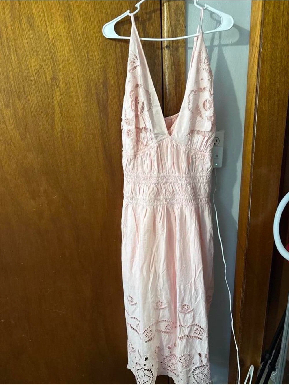 Light Pink V-Neck Maxi Dress with Lace Insets